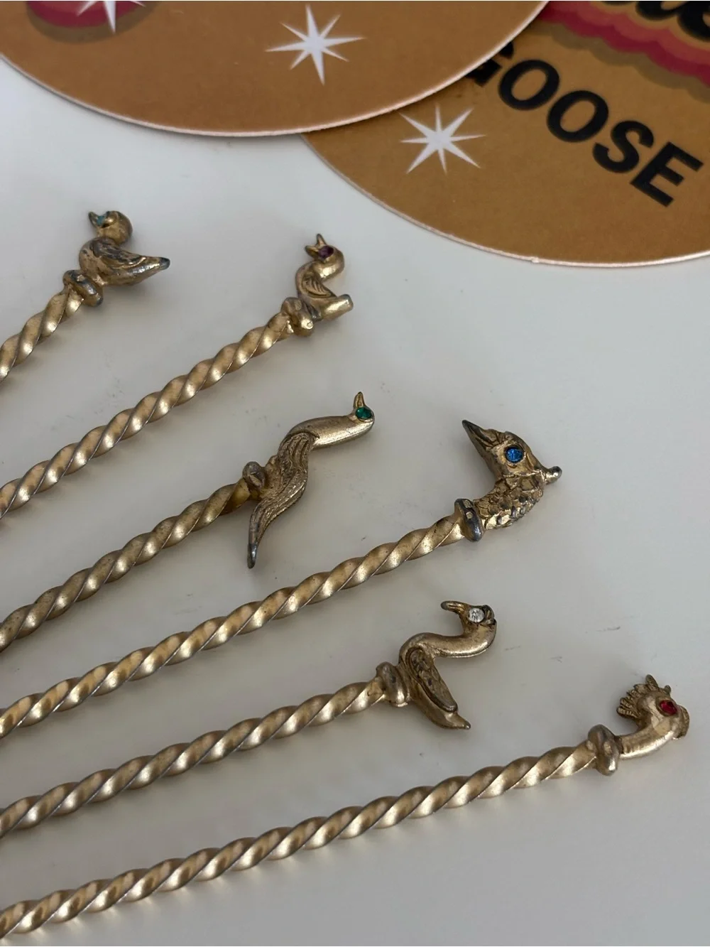 Vintage Mid-century Modern Gold Tone Metal Bird Cocktail Picks Set of 6
